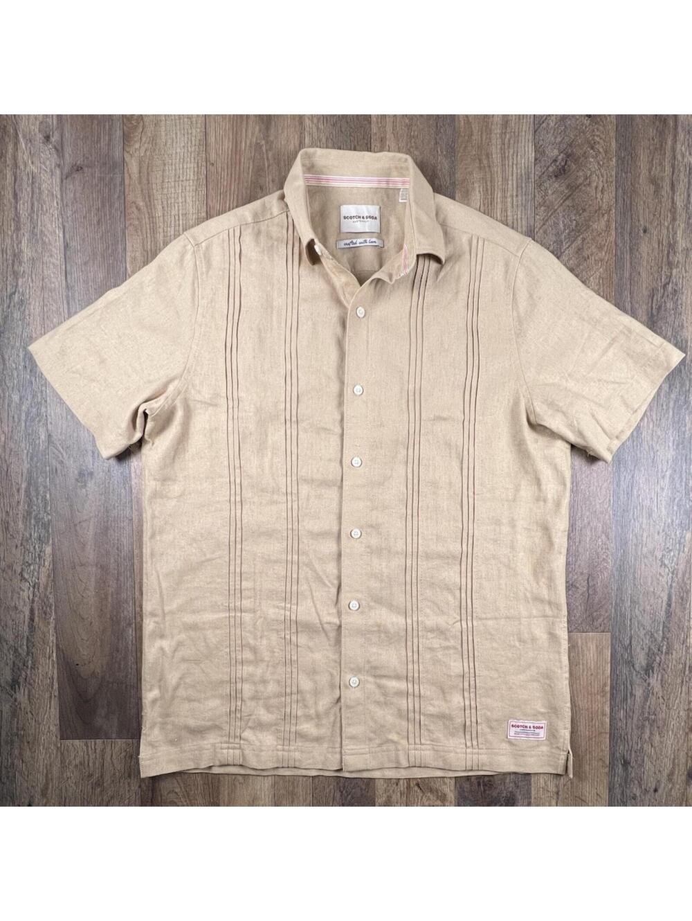 Scotch & Soda Mens S Beige Short Sleeve Linen Blend S/S Button Down Pintuck Pool
